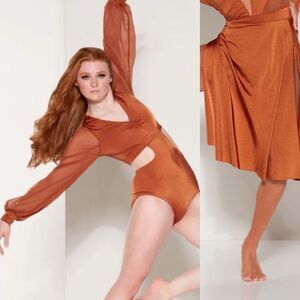 Kelle dance solo costume 2 piece Orange bronze poet leotard skirt 4235 SA